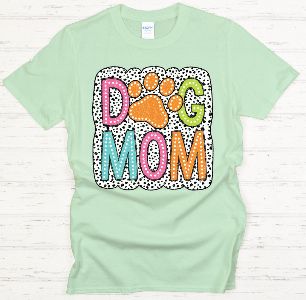 Dog Mom Colorful Paw Print Graphic Shirt on Gildan Softstyle Tee