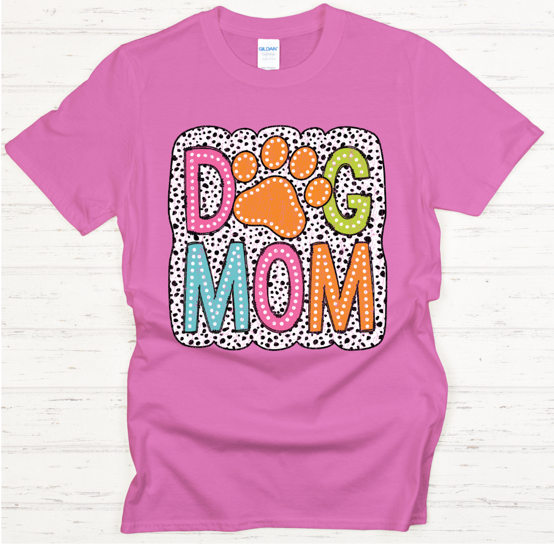 Dog Mom Colorful Paw Print Graphic Shirt on Gildan Softstyle Tee