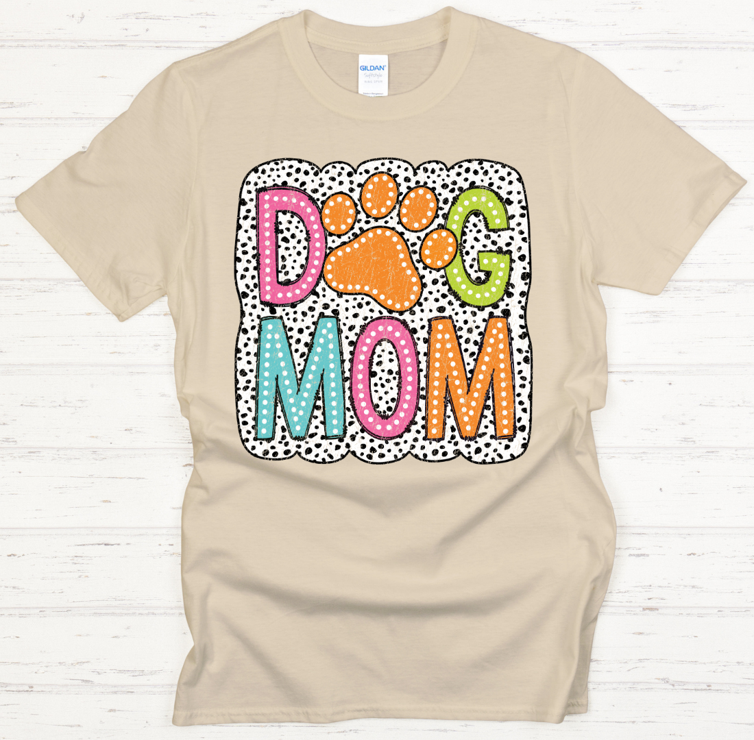 Dog Mom Colorful Paw Print Graphic Shirt on Gildan Softstyle Tee