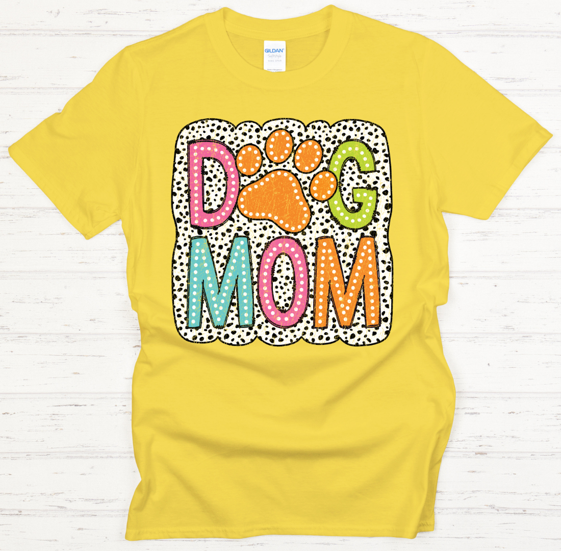 Dog Mom Colorful Paw Print Graphic Shirt on Gildan Softstyle Tee
