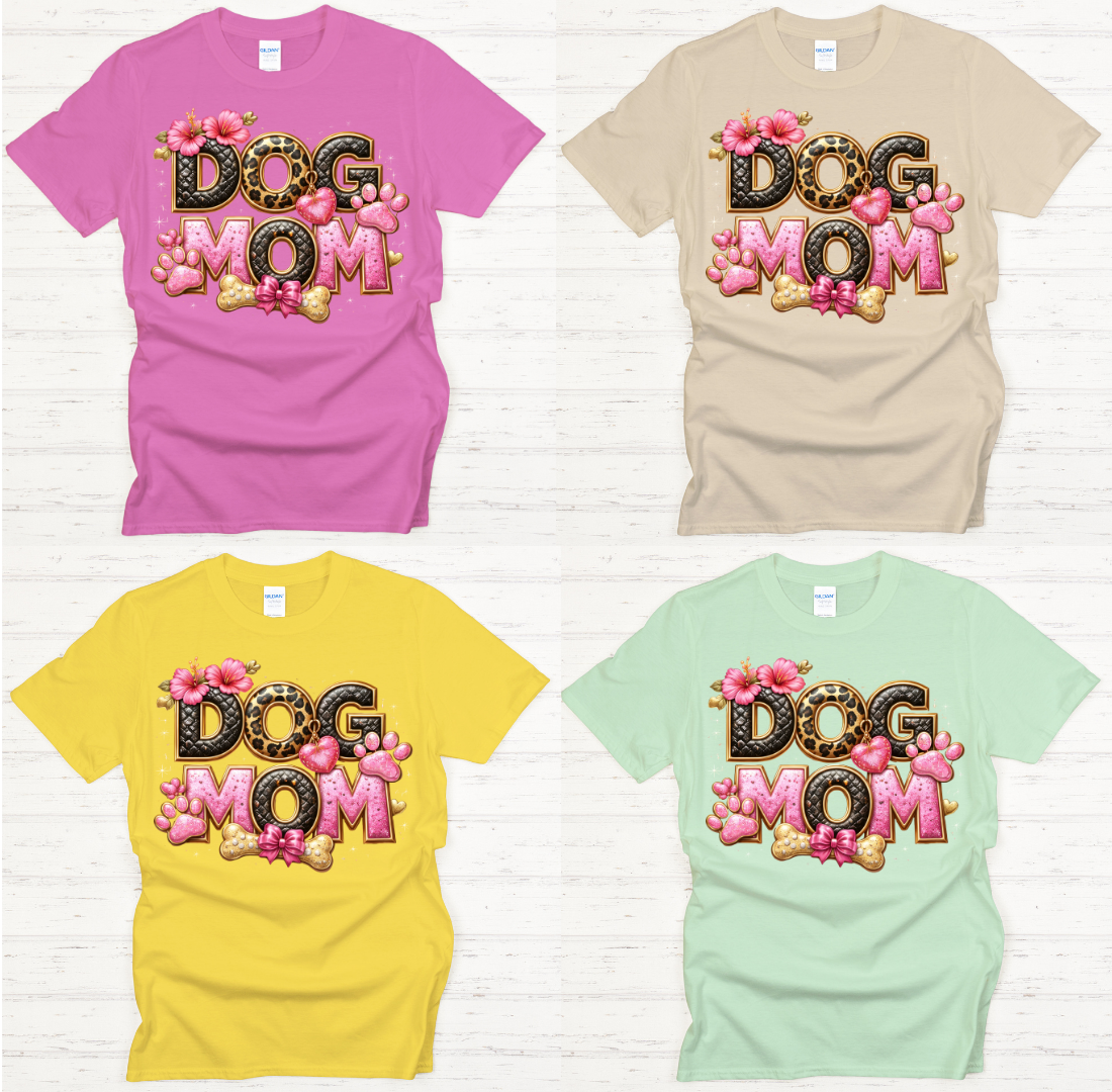 Dog Mom Leopard Pink Paw Graphic Shirt on Gildan Softstyle Tee