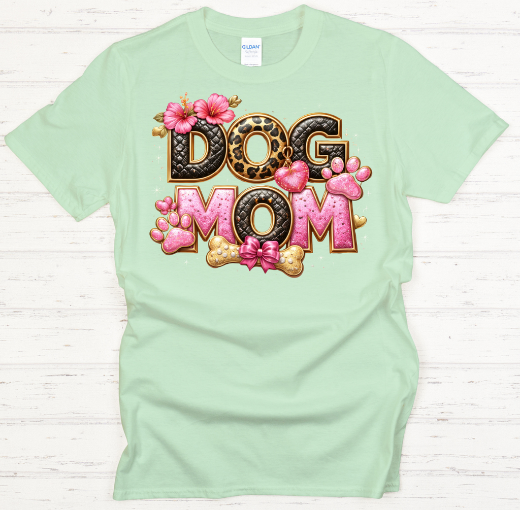 Dog Mom Leopard Pink Paw Graphic Shirt on Gildan Softstyle Tee