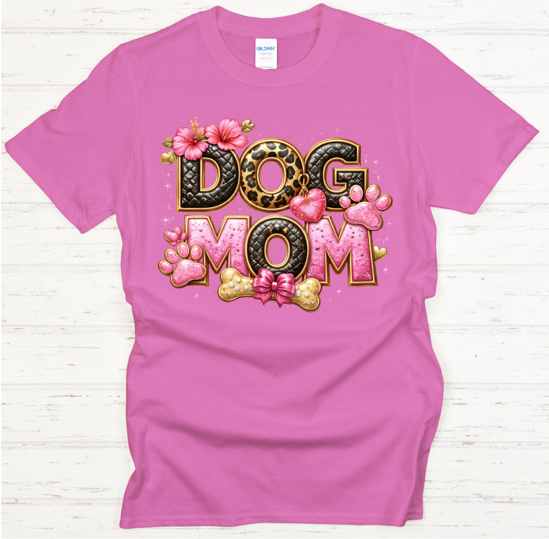 Dog Mom Leopard Pink Paw Graphic Shirt on Gildan Softstyle Tee