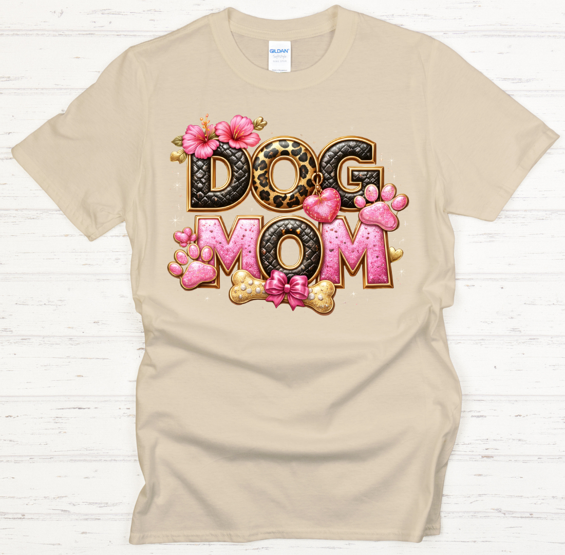 Dog Mom Leopard Pink Paw Graphic Shirt on Gildan Softstyle Tee