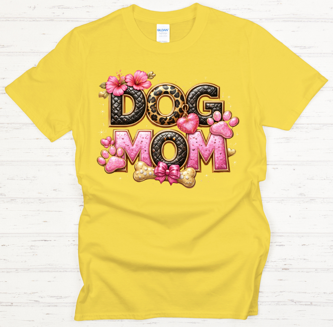 Dog Mom Leopard Pink Paw Graphic Shirt on Gildan Softstyle Tee