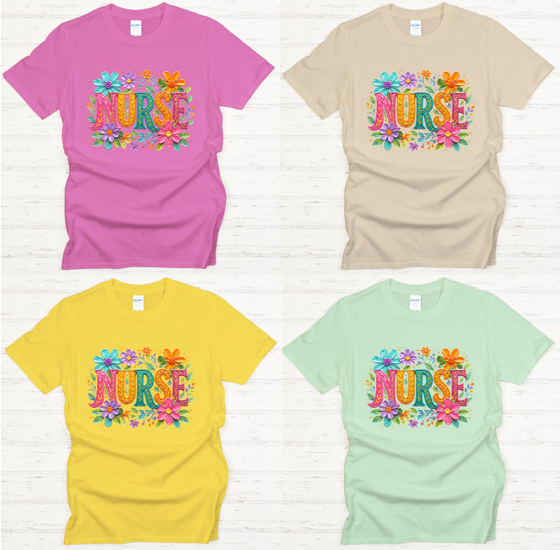 Floral Nurse Lettering Graphic Shirt on Gildan Softstyle Tee