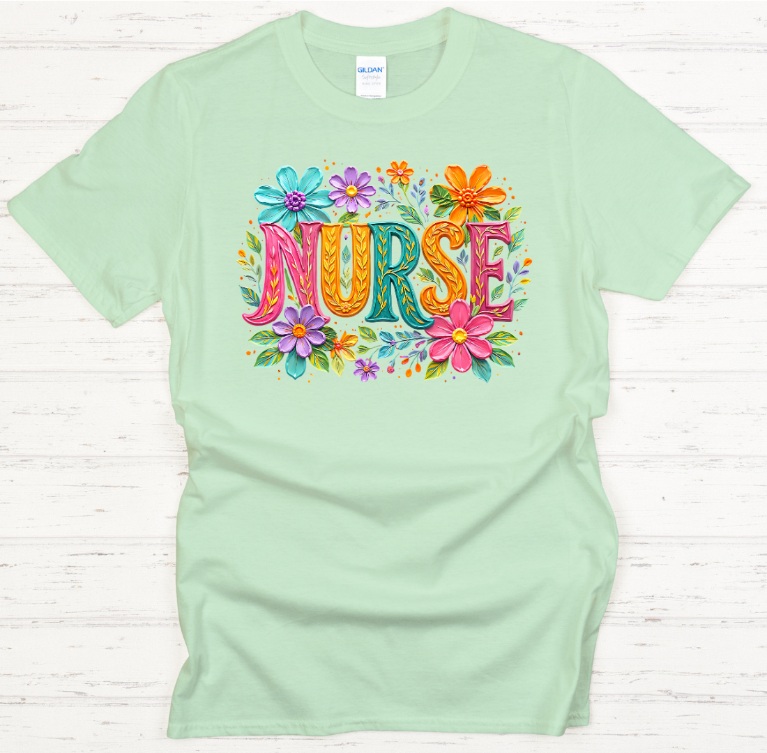 Floral Nurse Lettering Graphic Shirt on Gildan Softstyle Tee