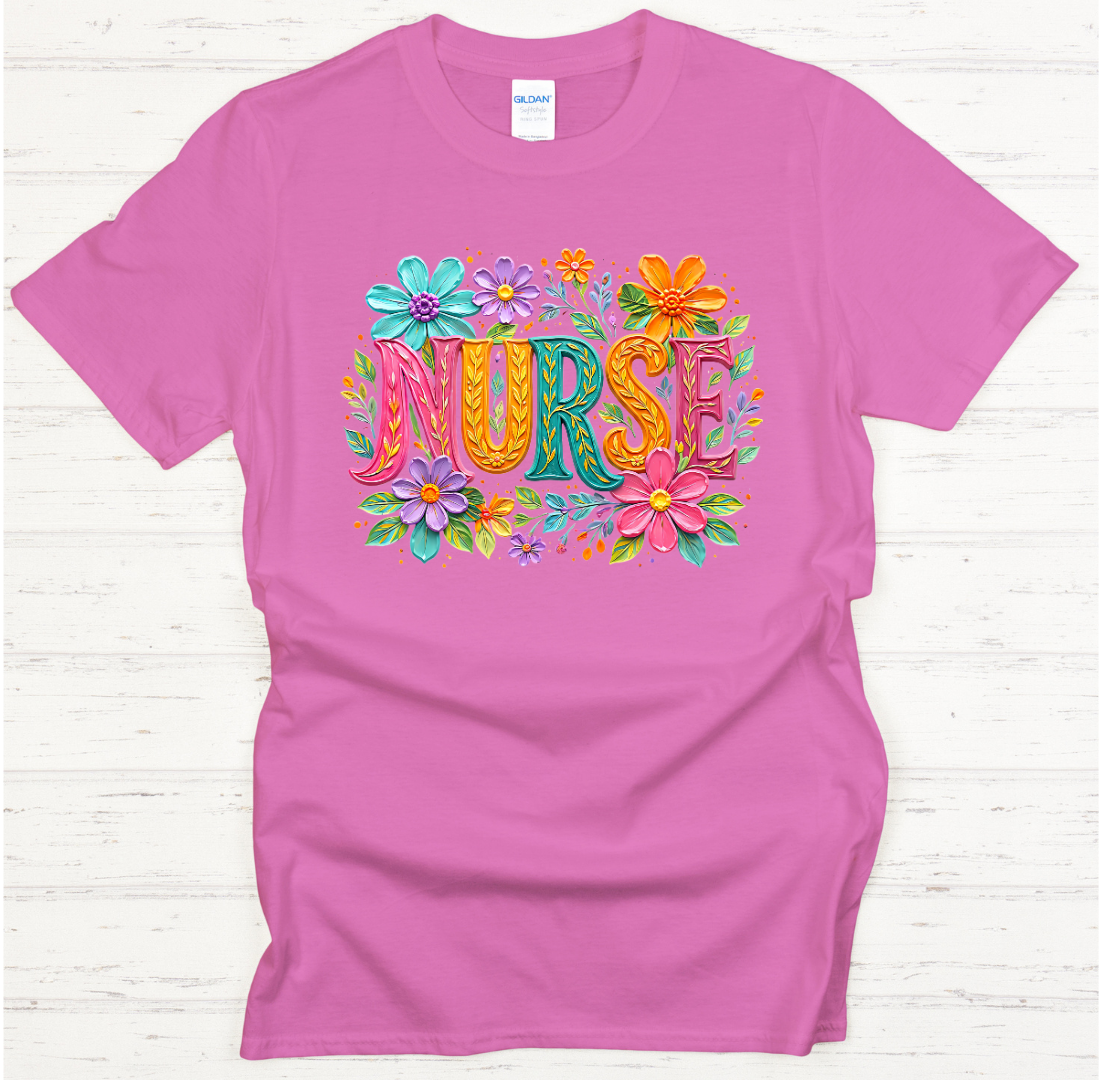 Floral Nurse Lettering Graphic Shirt on Gildan Softstyle Tee