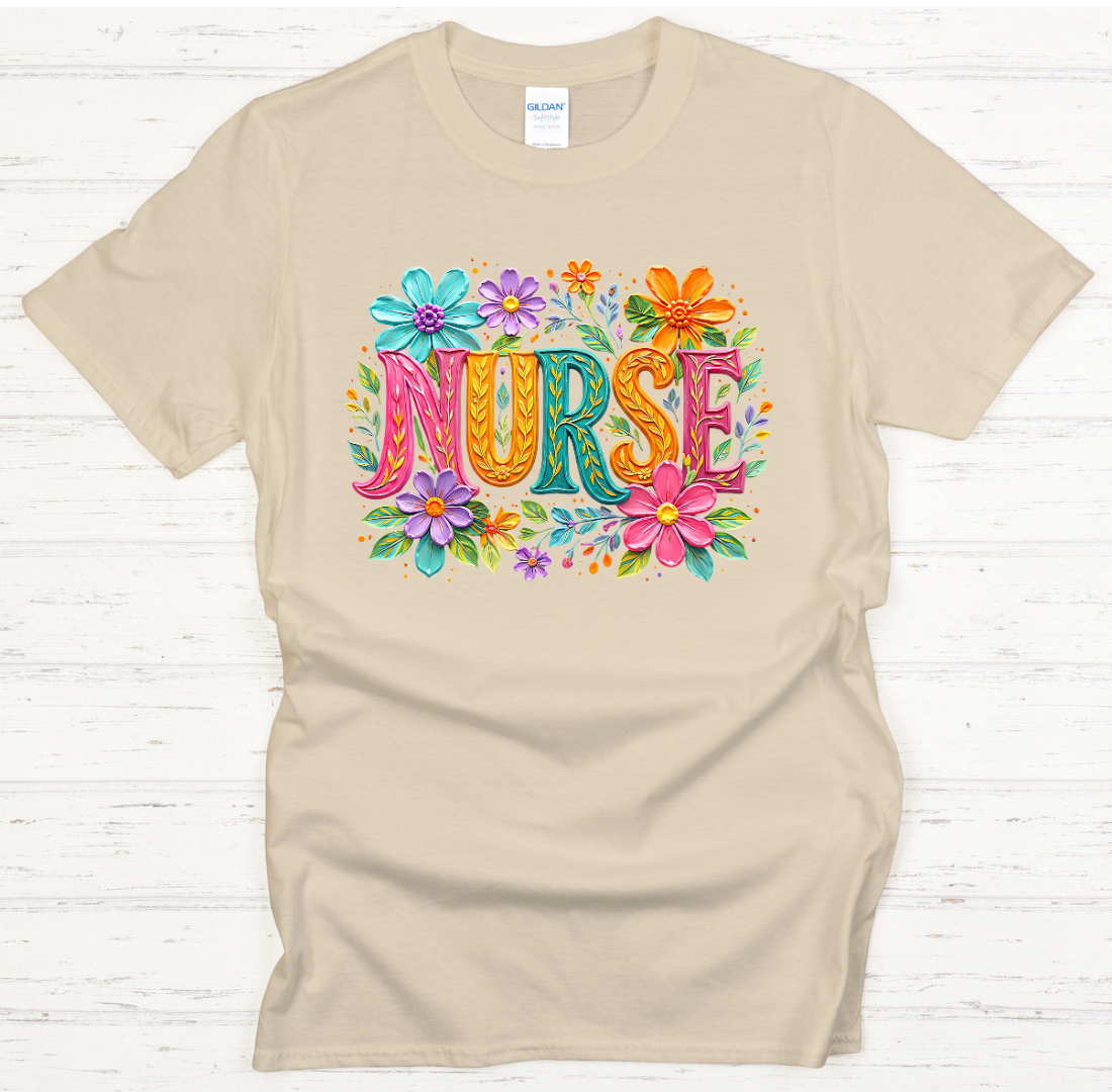 Floral Nurse Lettering Graphic Shirt on Gildan Softstyle Tee