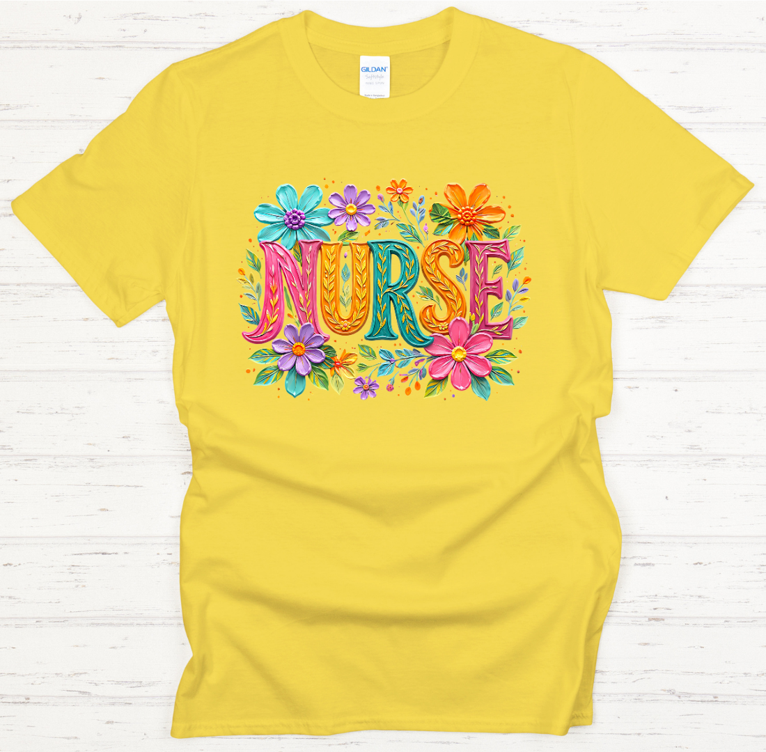 Floral Nurse Lettering Graphic Shirt on Gildan Softstyle Tee