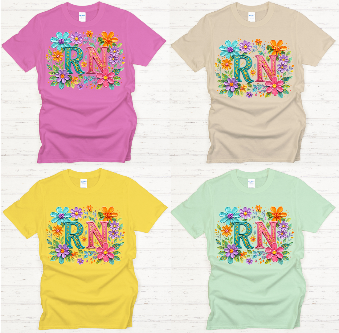 Floral RN Nurse Monogram Shirt on Gildan Softstyle Tee