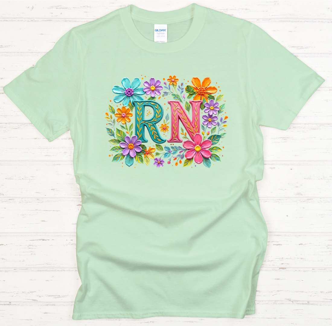 Floral RN Nurse Monogram Shirt on Gildan Softstyle Tee