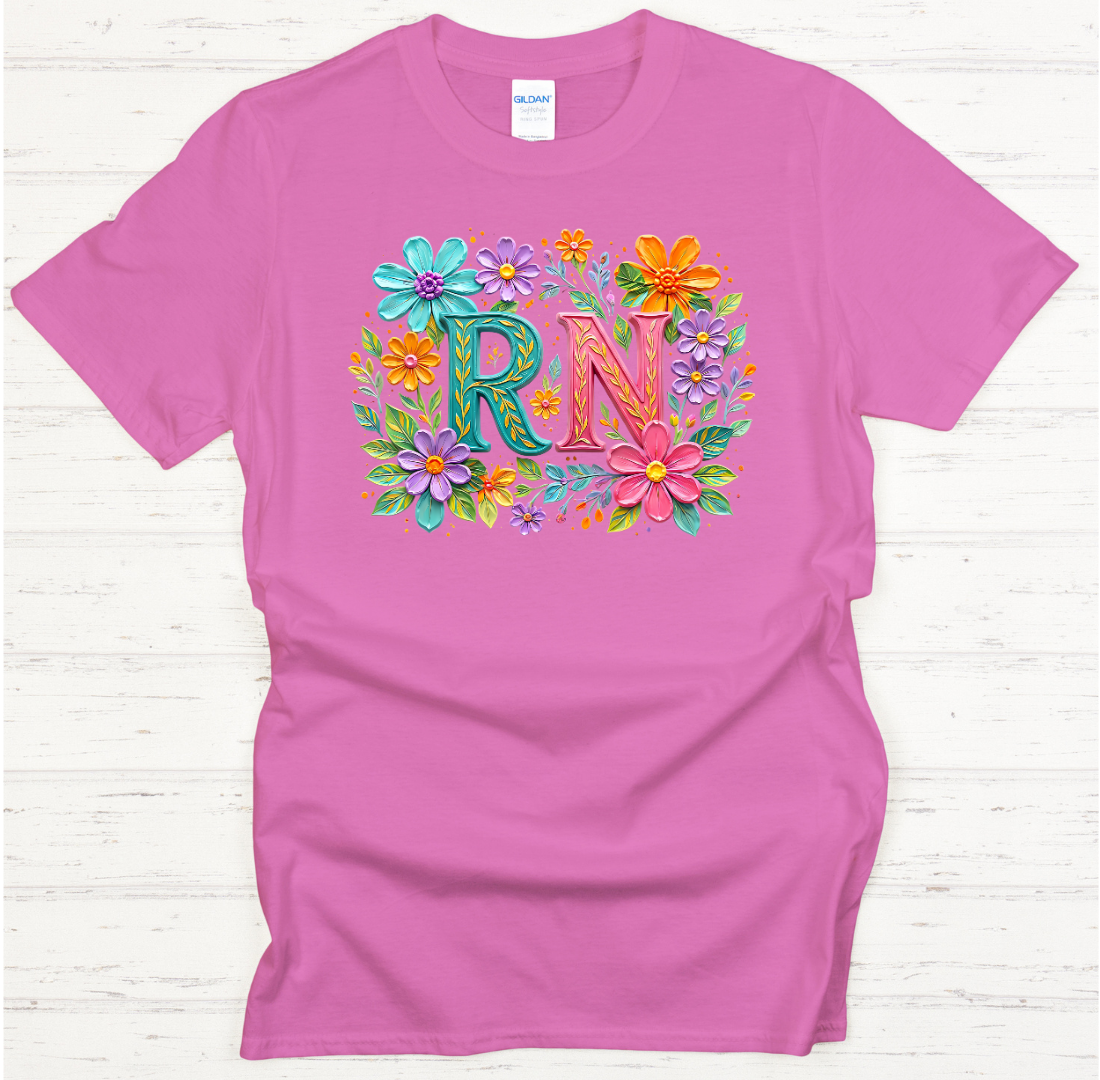 Floral RN Nurse Monogram Shirt on Gildan Softstyle Tee