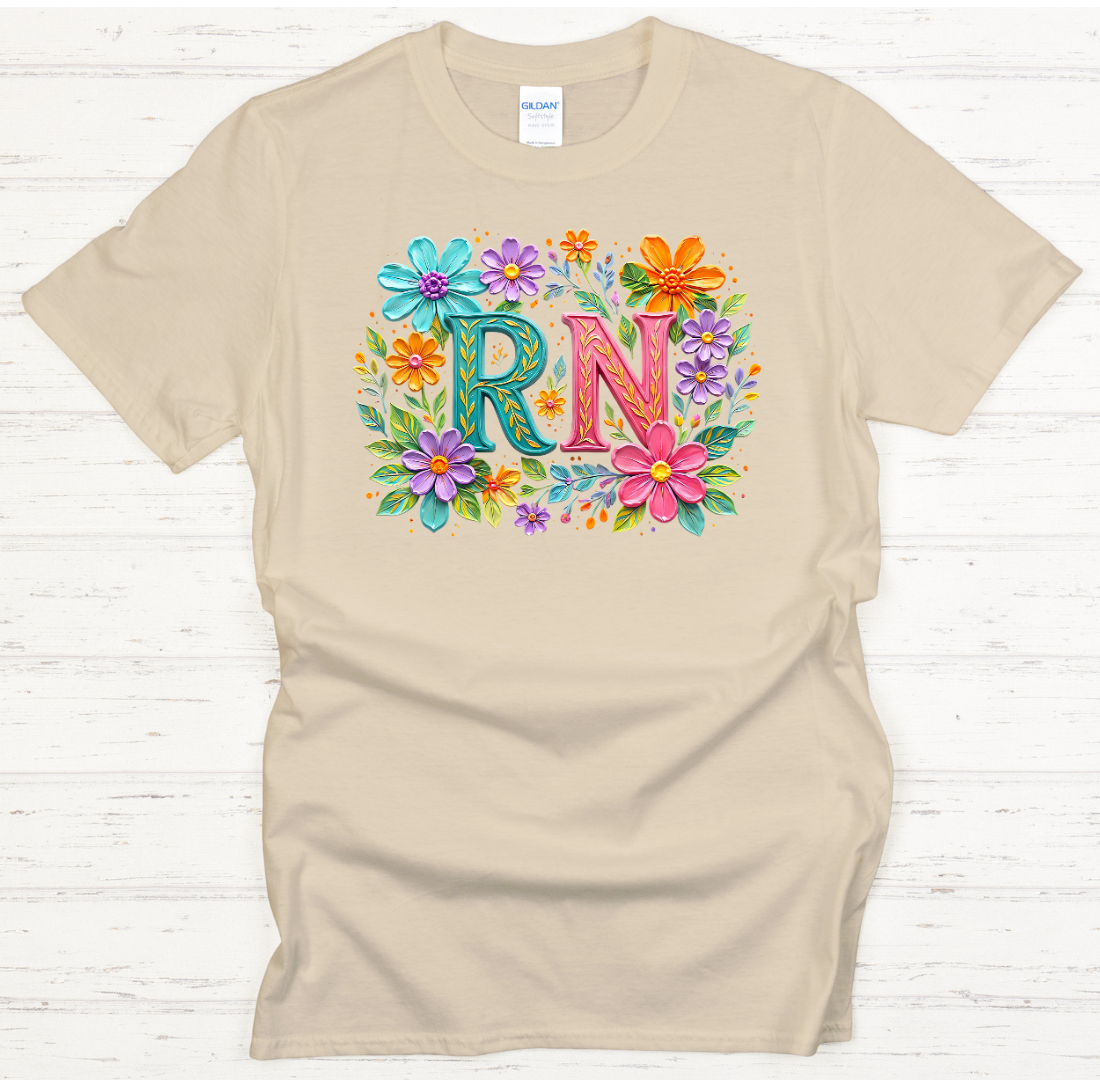 Floral RN Nurse Monogram Shirt on Gildan Softstyle Tee