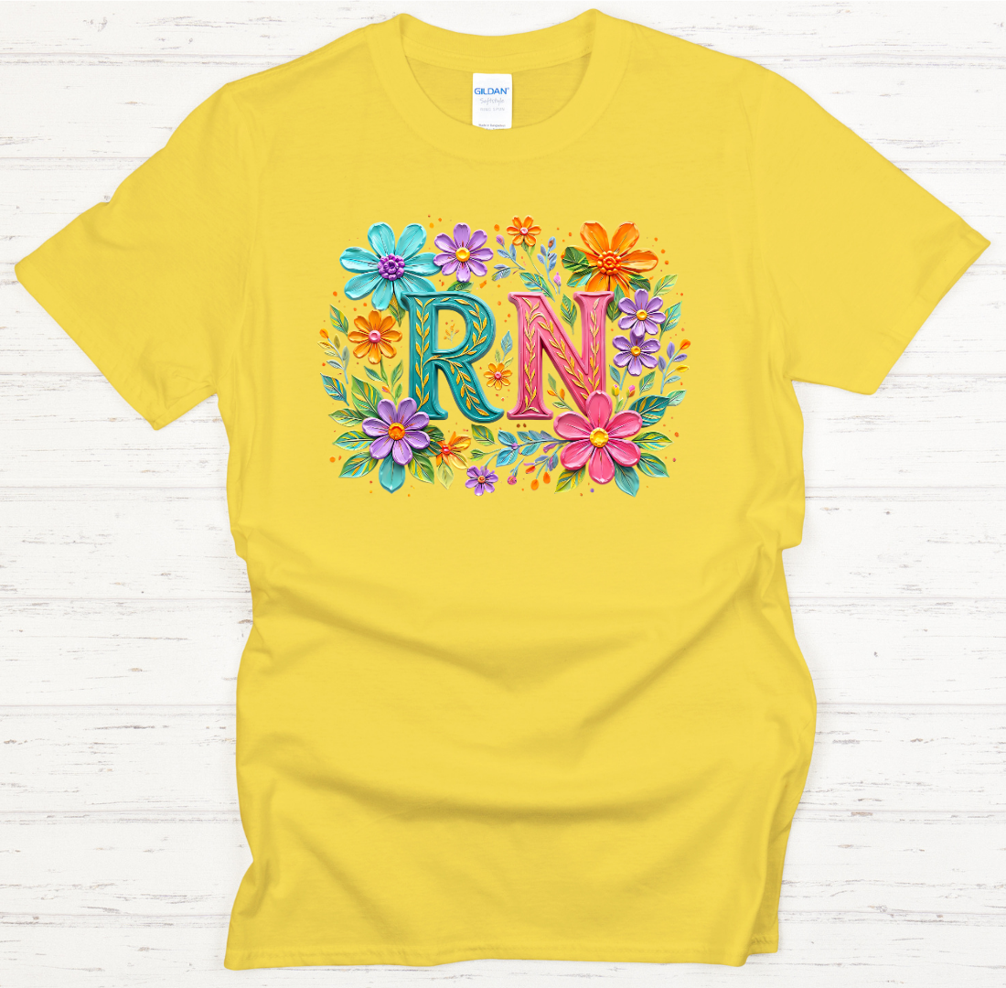 Floral RN Nurse Monogram Shirt on Gildan Softstyle Tee