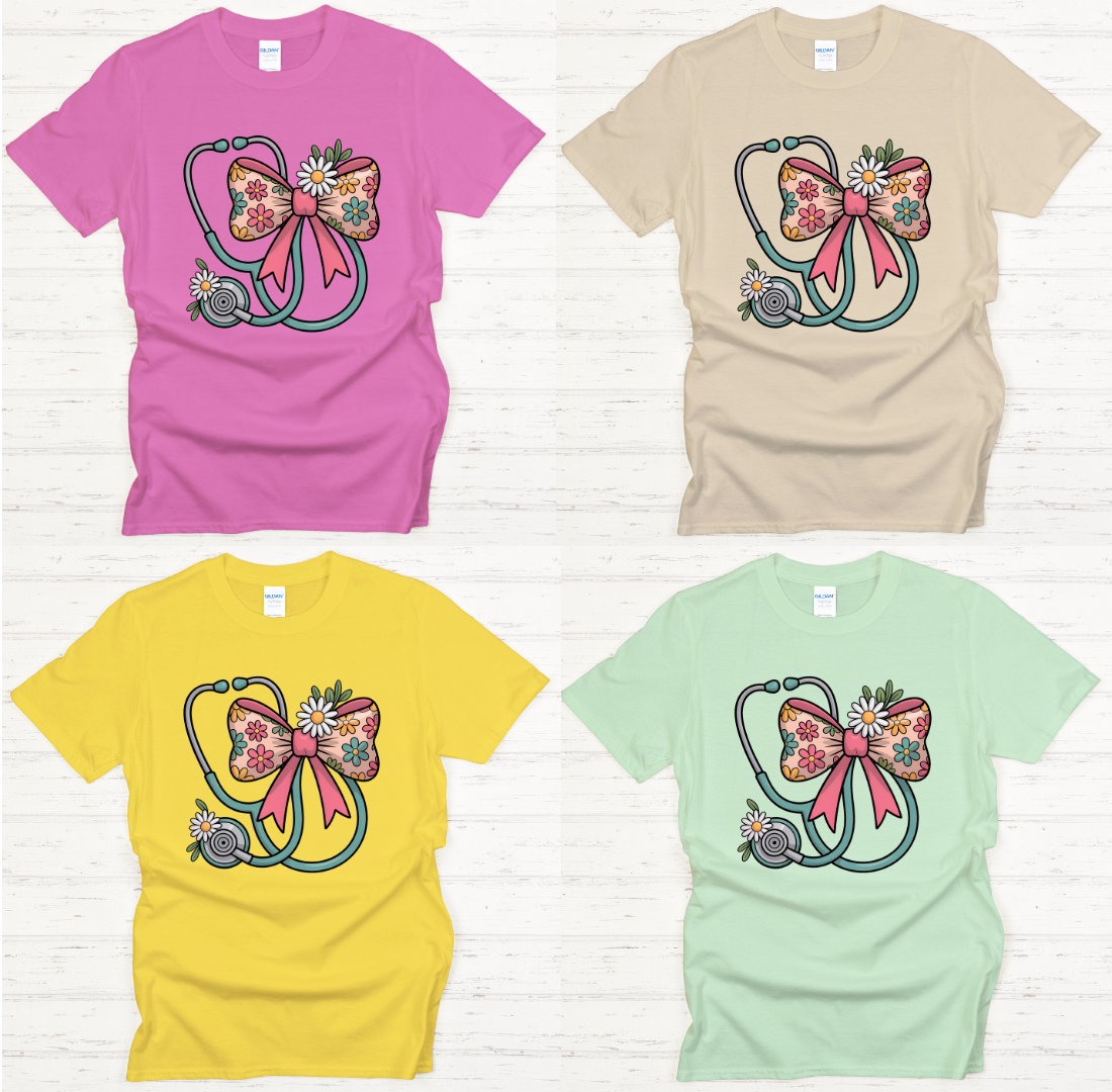 Floral Stethoscope Bow Nurse Graphic Shirt on Gildan Softstyle Tee