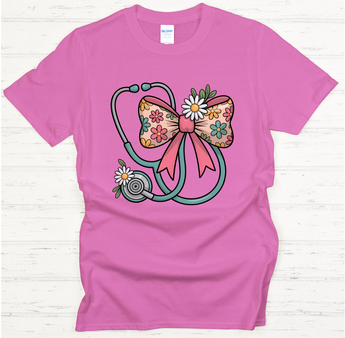Floral Stethoscope Bow Nurse Graphic Shirt on Gildan Softstyle Tee