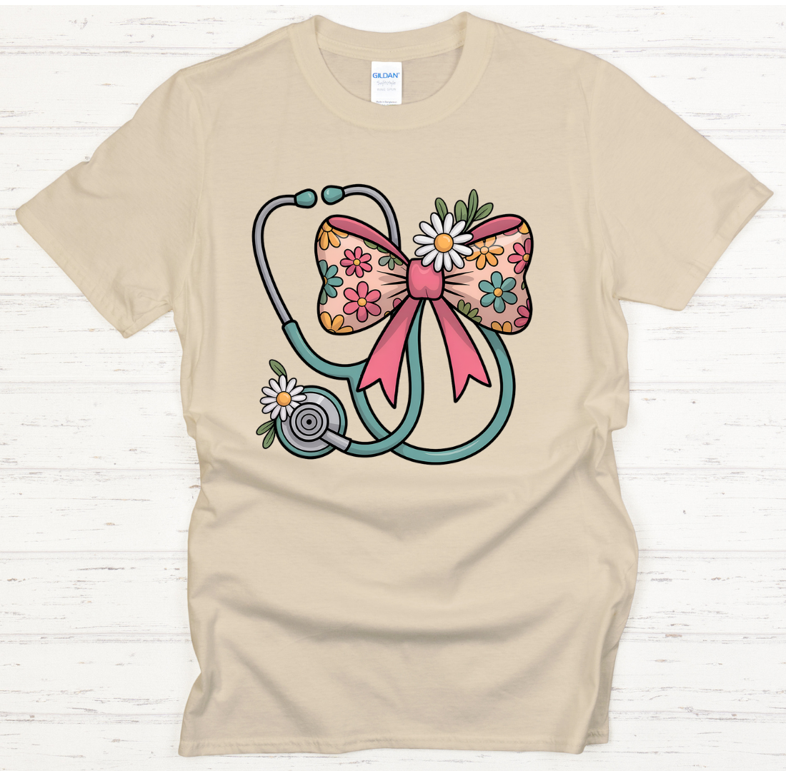 Floral Stethoscope Bow Nurse Graphic Shirt on Gildan Softstyle Tee