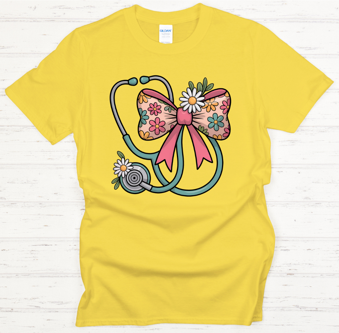 Floral Stethoscope Bow Nurse Graphic Shirt on Gildan Softstyle Tee