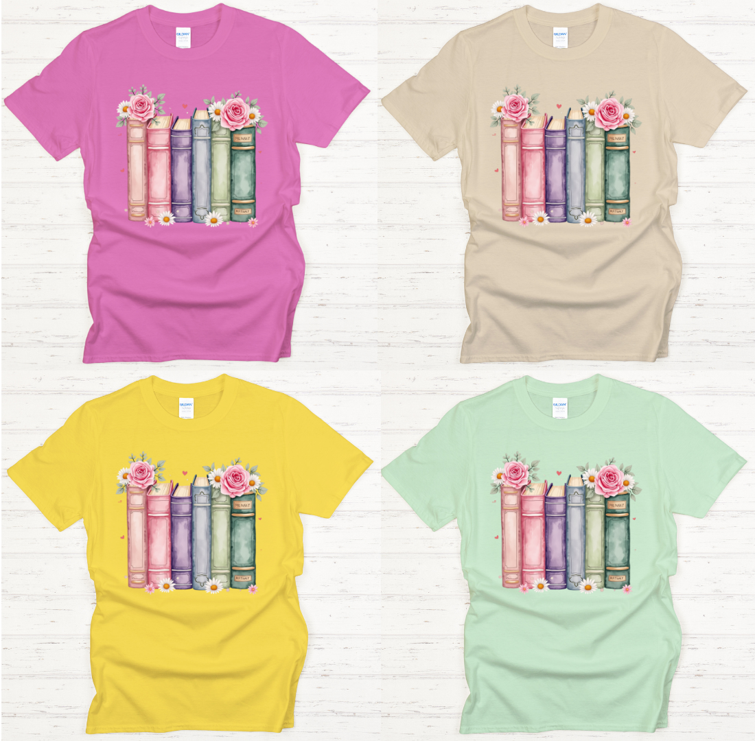 Floral Vintage Books Reader Graphic Shirt on Gildan Softstyle Tee
