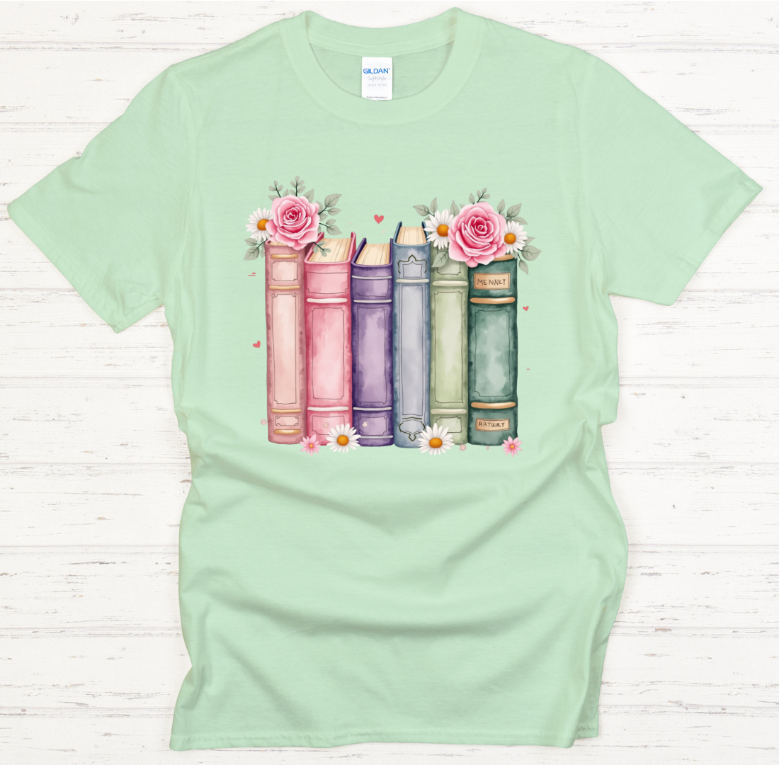 Floral Vintage Books Reader Graphic Shirt on Gildan Softstyle Tee
