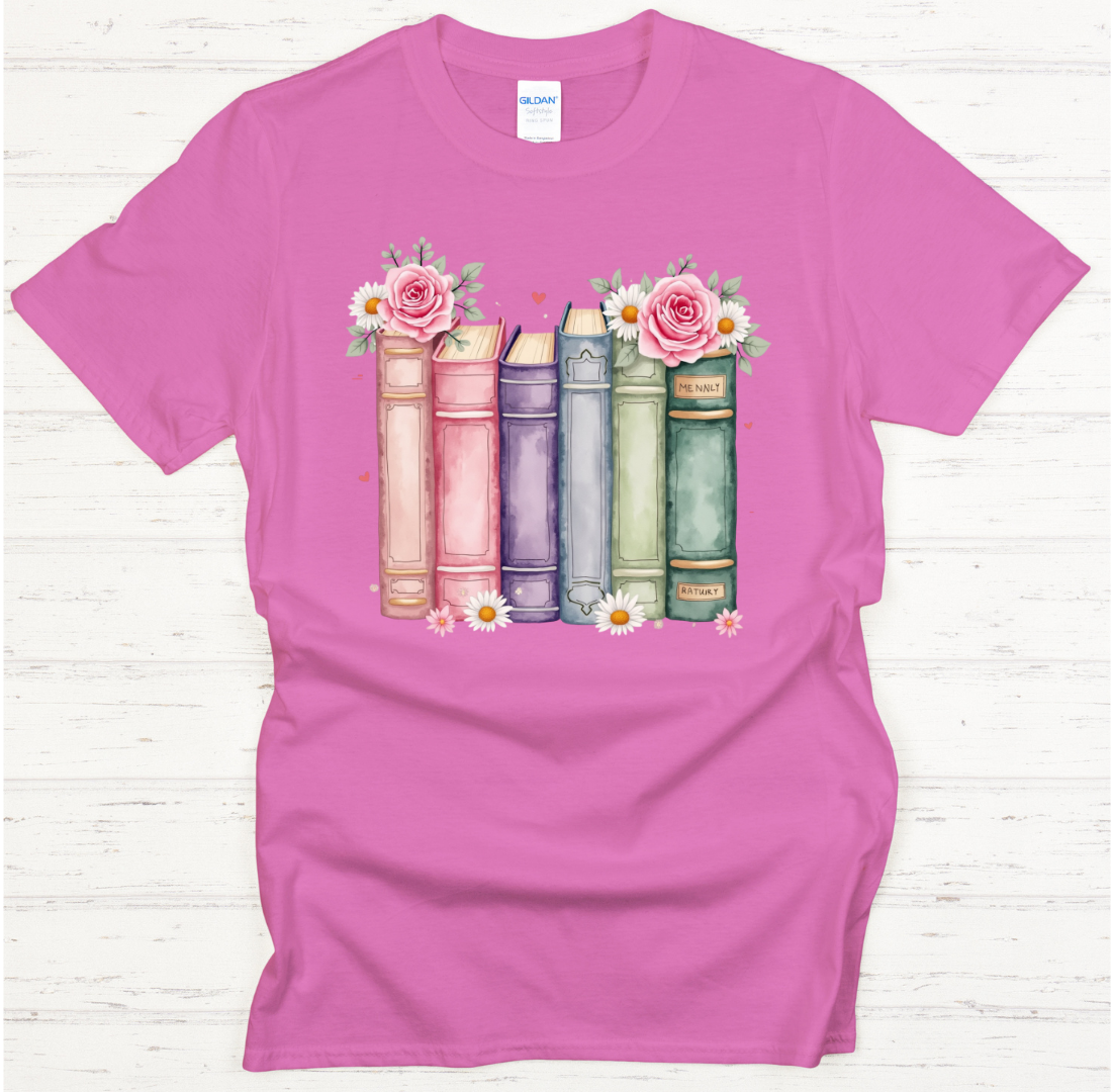 Floral Vintage Books Reader Graphic Shirt on Gildan Softstyle Tee