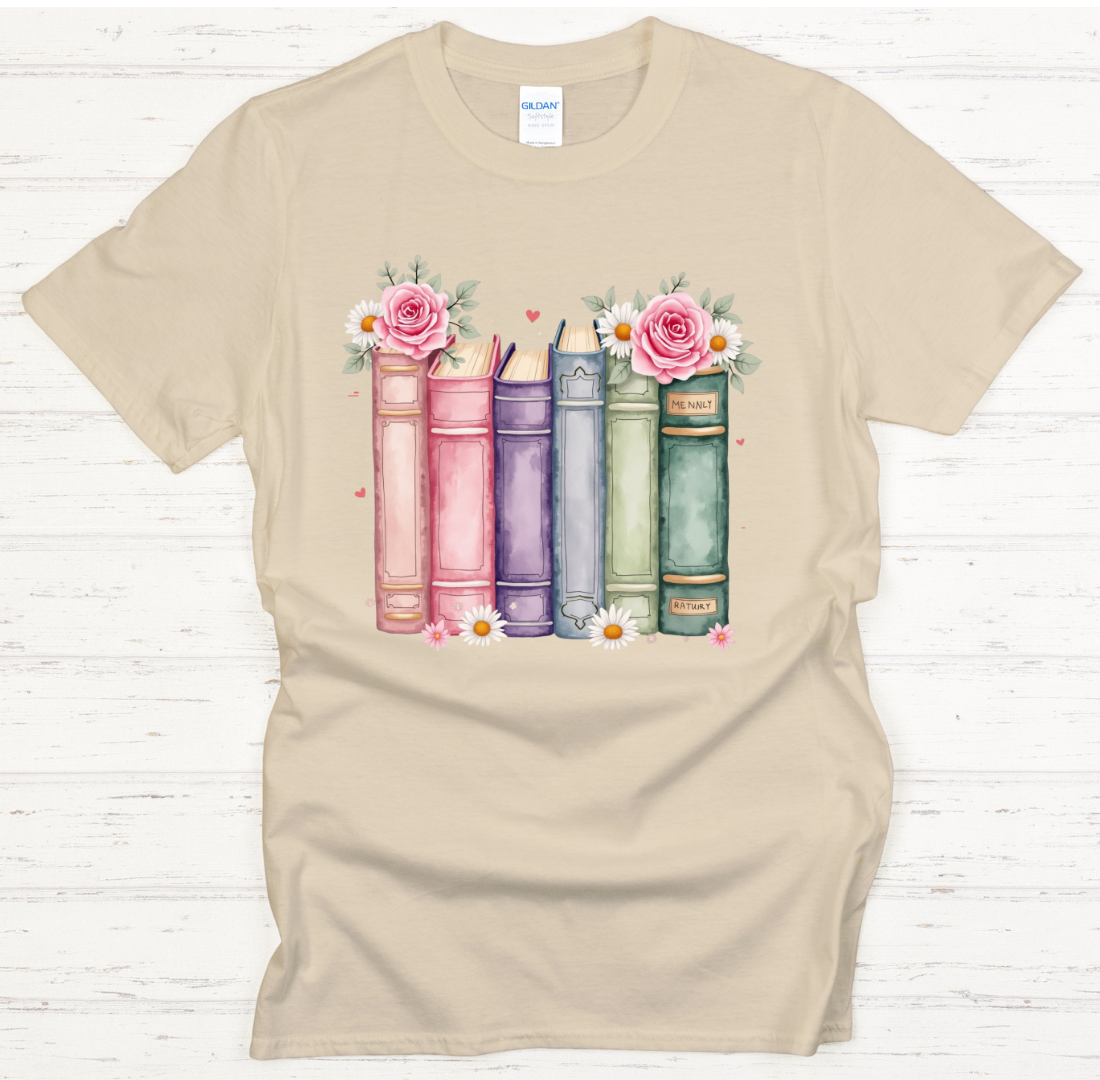 Floral Vintage Books Reader Graphic Shirt on Gildan Softstyle Tee