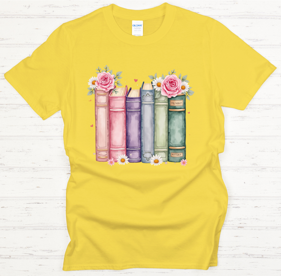 Floral Vintage Books Reader Graphic Shirt on Gildan Softstyle Tee