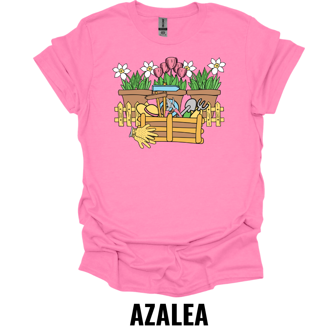 Flower Garden Toolbox T-Shirt – Gardening Tools & Spring Flowers Graphic Tee