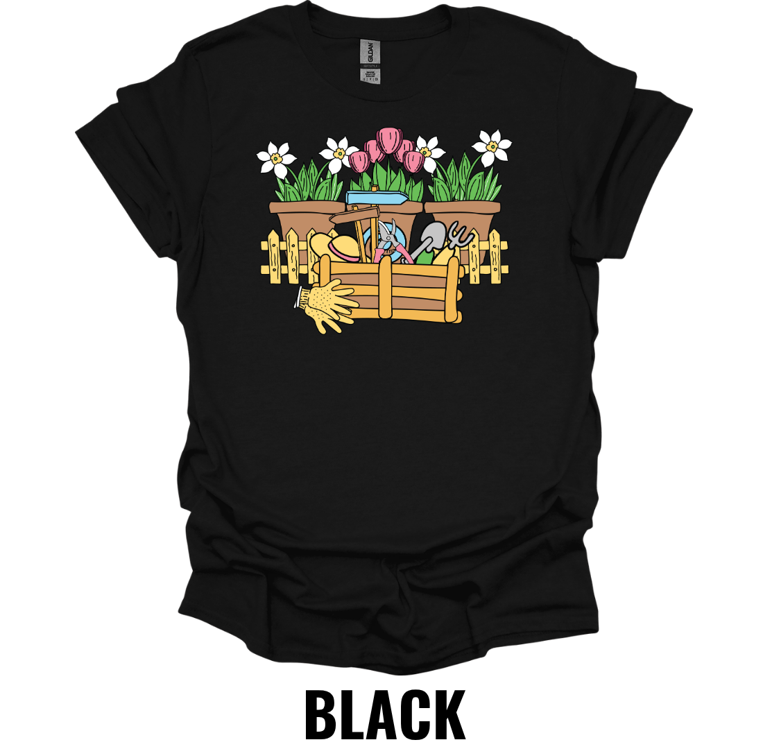 Flower Garden Toolbox T-Shirt – Gardening Tools & Spring Flowers Graphic Tee