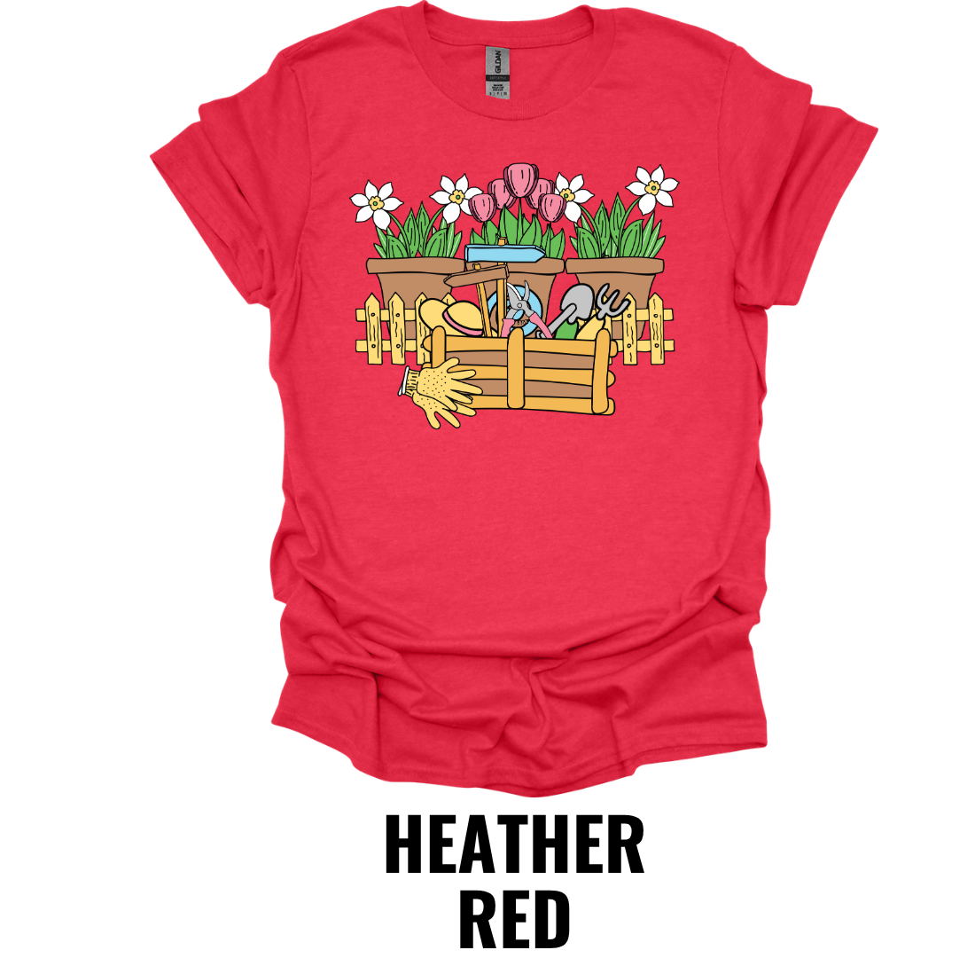 Flower Garden Toolbox T-Shirt – Gardening Tools & Spring Flowers Graphic Tee