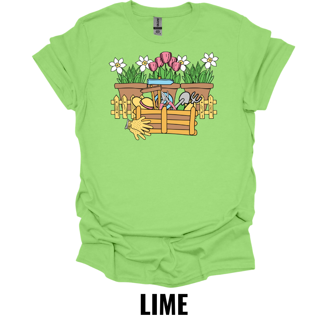Flower Garden Toolbox T-Shirt – Gardening Tools & Spring Flowers Graphic Tee