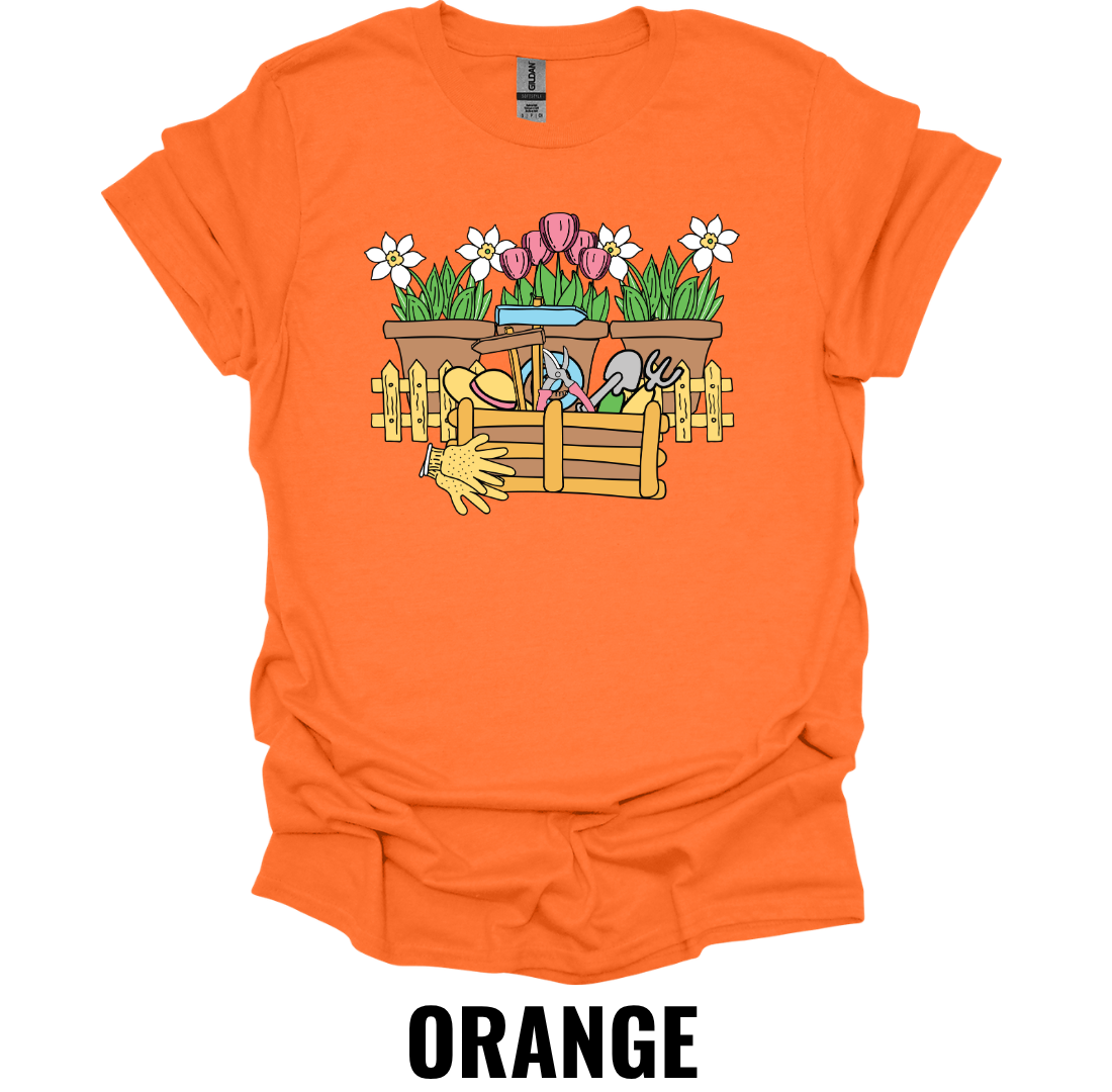 Flower Garden Toolbox T-Shirt – Gardening Tools & Spring Flowers Graphic Tee