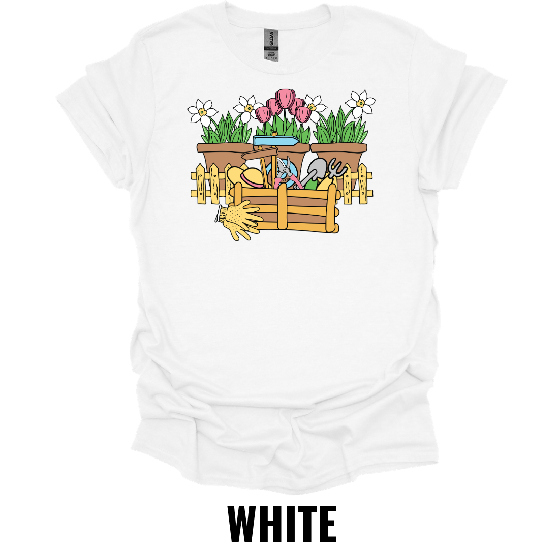 Flower Garden Toolbox T-Shirt – Gardening Tools & Spring Flowers Graphic Tee
