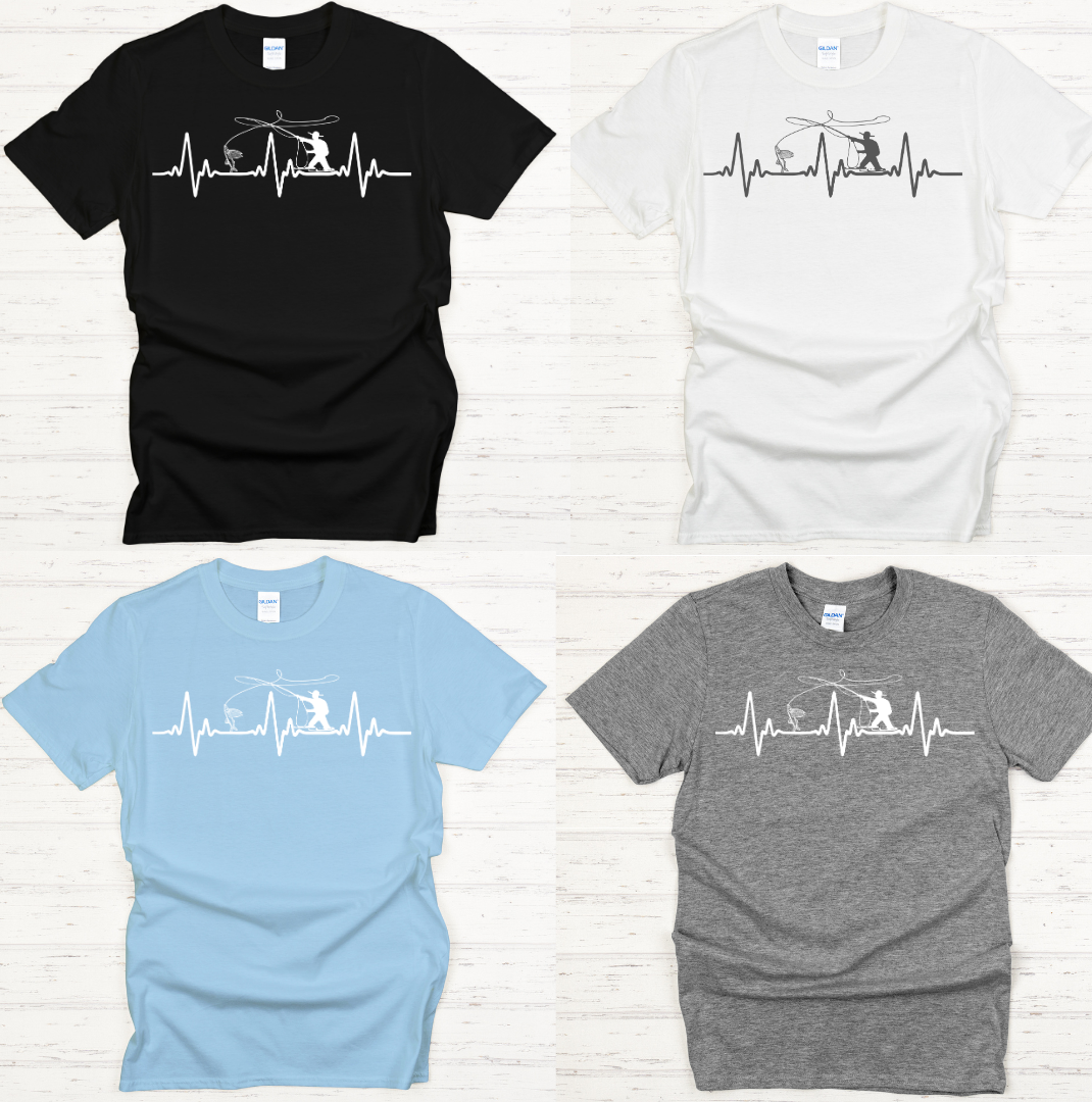 Fly Fishing Heartbeat Graphic Shirt on Gildan Softstyle Tee