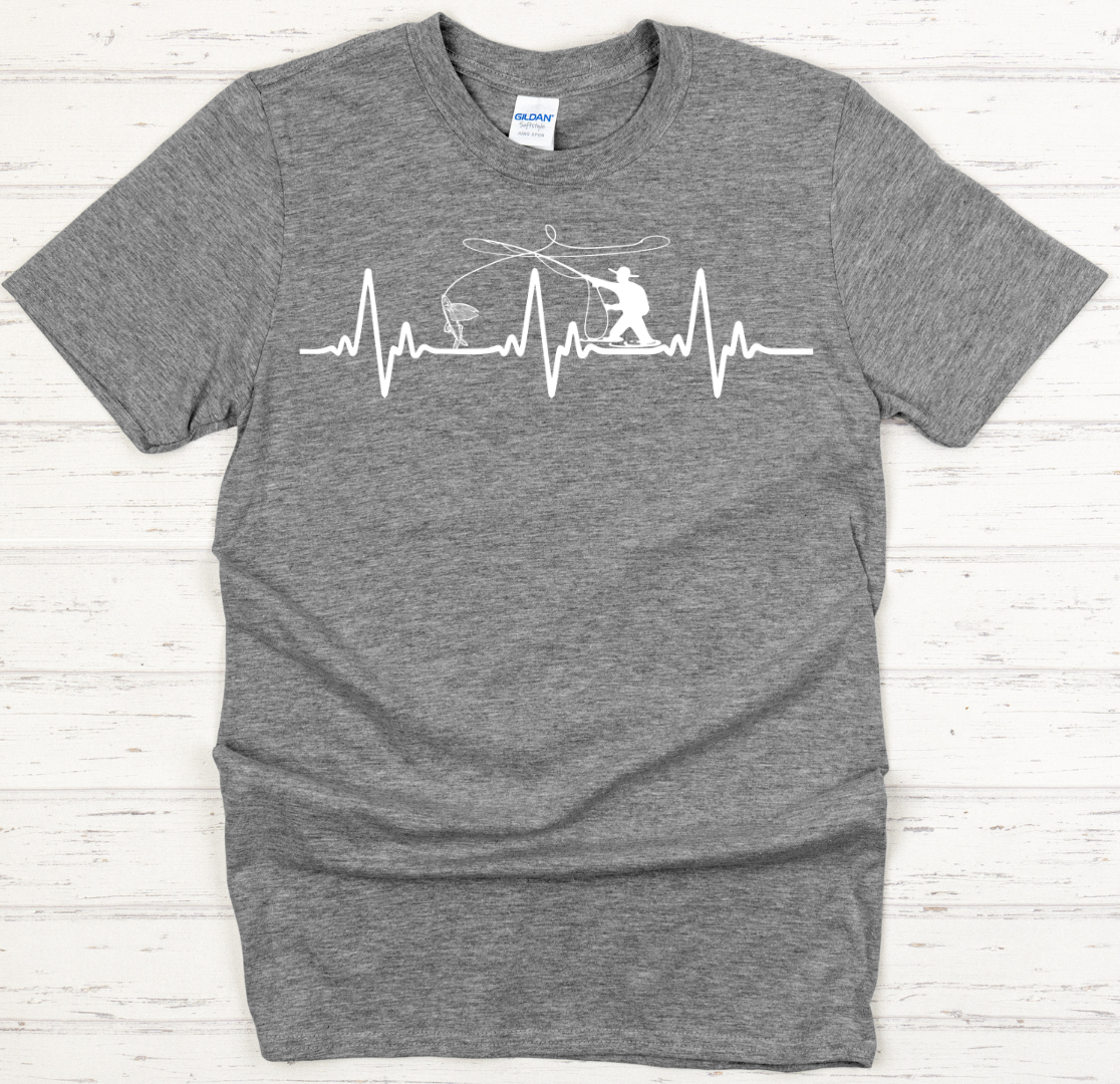 Fly Fishing Heartbeat Graphic Shirt on Gildan Softstyle Tee