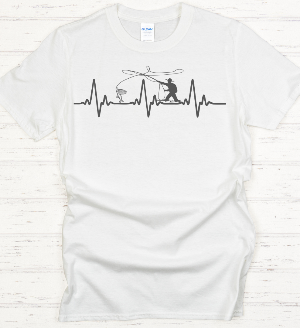 Fly Fishing Heartbeat Graphic Shirt on Gildan Softstyle Tee
