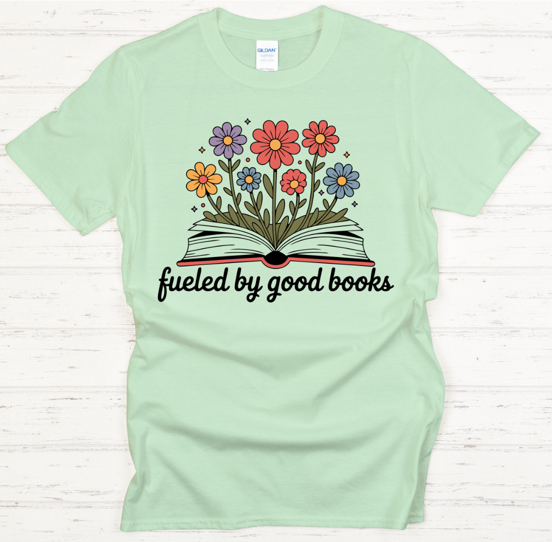 Fueled by Good Books Floral Reader Shirt on Gildan Softstyle Tee