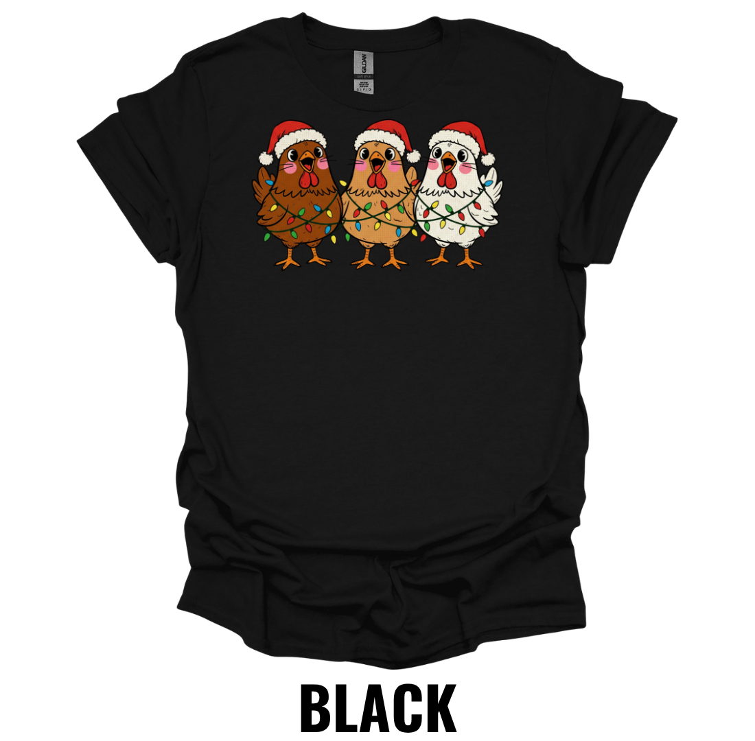 Funny Christmas Chicken Trio Shirt – Festive Farmhouse Holiday Chicken Graphic Tee