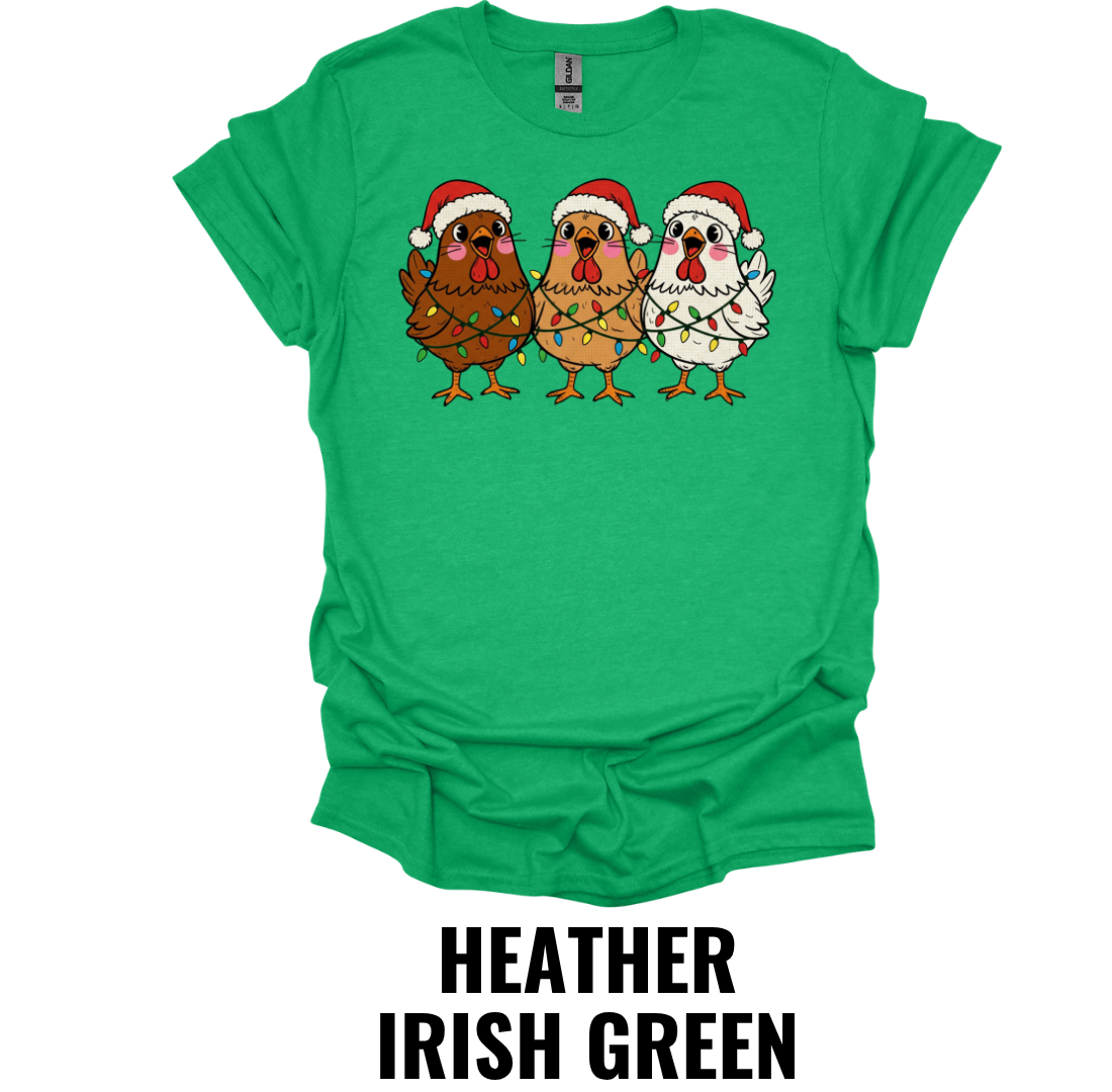 Funny Christmas Chicken Trio Shirt – Festive Farmhouse Holiday Chicken Graphic Tee