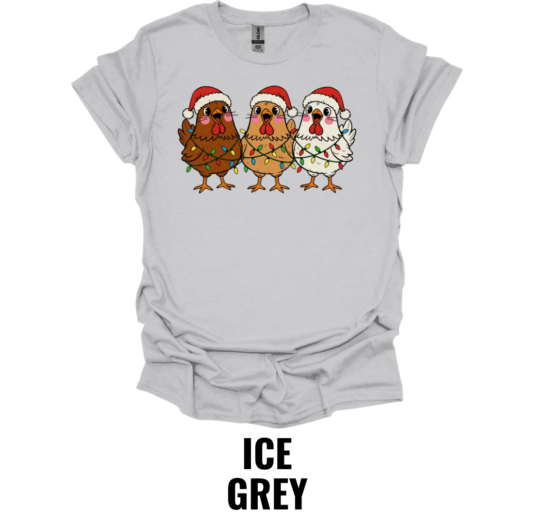 Funny Christmas Chicken Trio Shirt – Festive Farmhouse Holiday Chicken Graphic Tee
