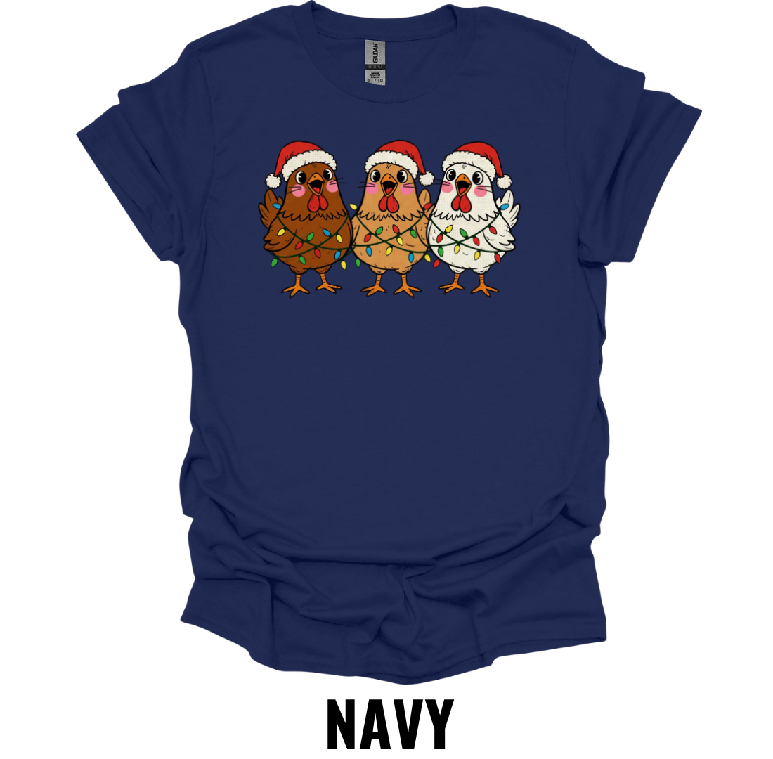 Funny Christmas Chicken Trio Shirt – Festive Farmhouse Holiday Chicken Graphic Tee