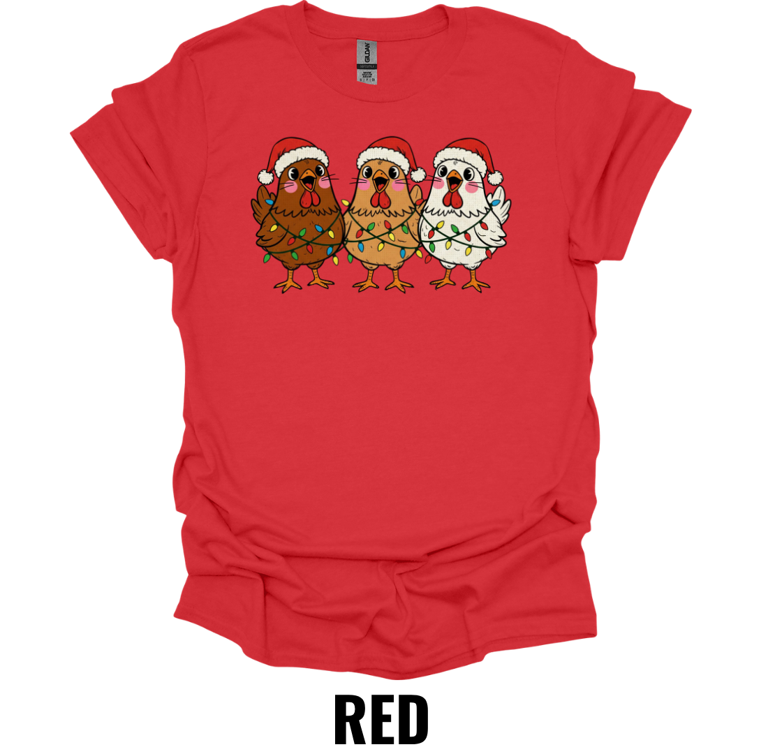 Funny Christmas Chicken Trio Shirt – Festive Farmhouse Holiday Chicken Graphic Tee