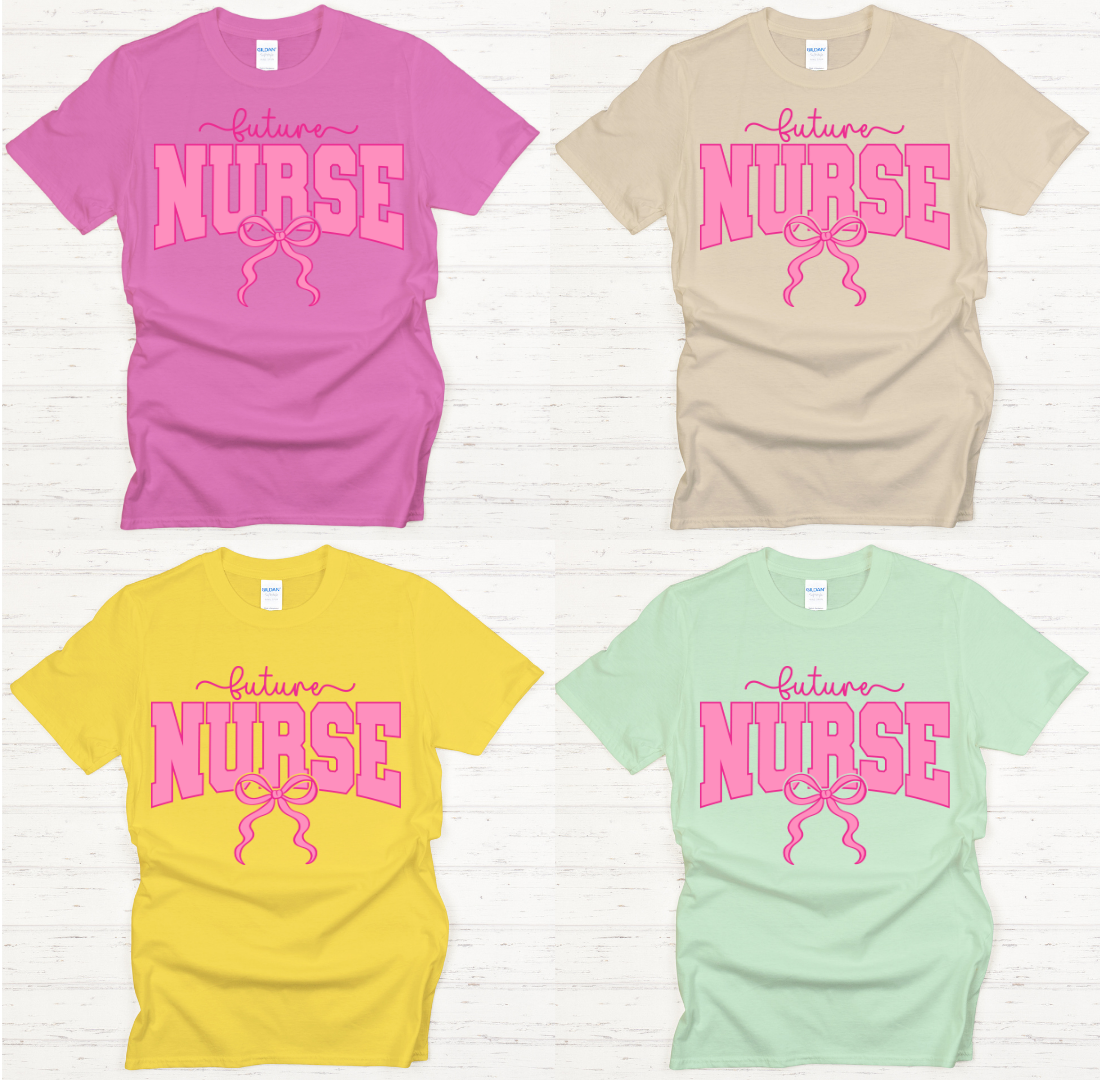 Future Nurse Pink Bow Graphic Shirt on Gildan Softstyle Tee