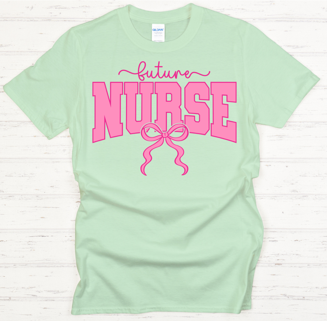 Future Nurse Pink Bow Graphic Shirt on Gildan Softstyle Tee