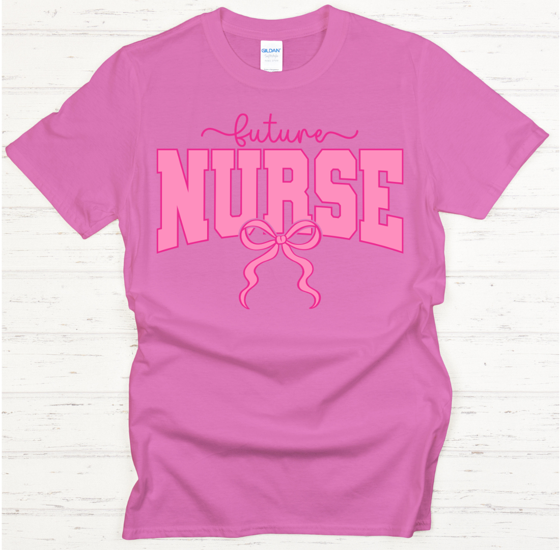 Future Nurse Pink Bow Graphic Shirt on Gildan Softstyle Tee