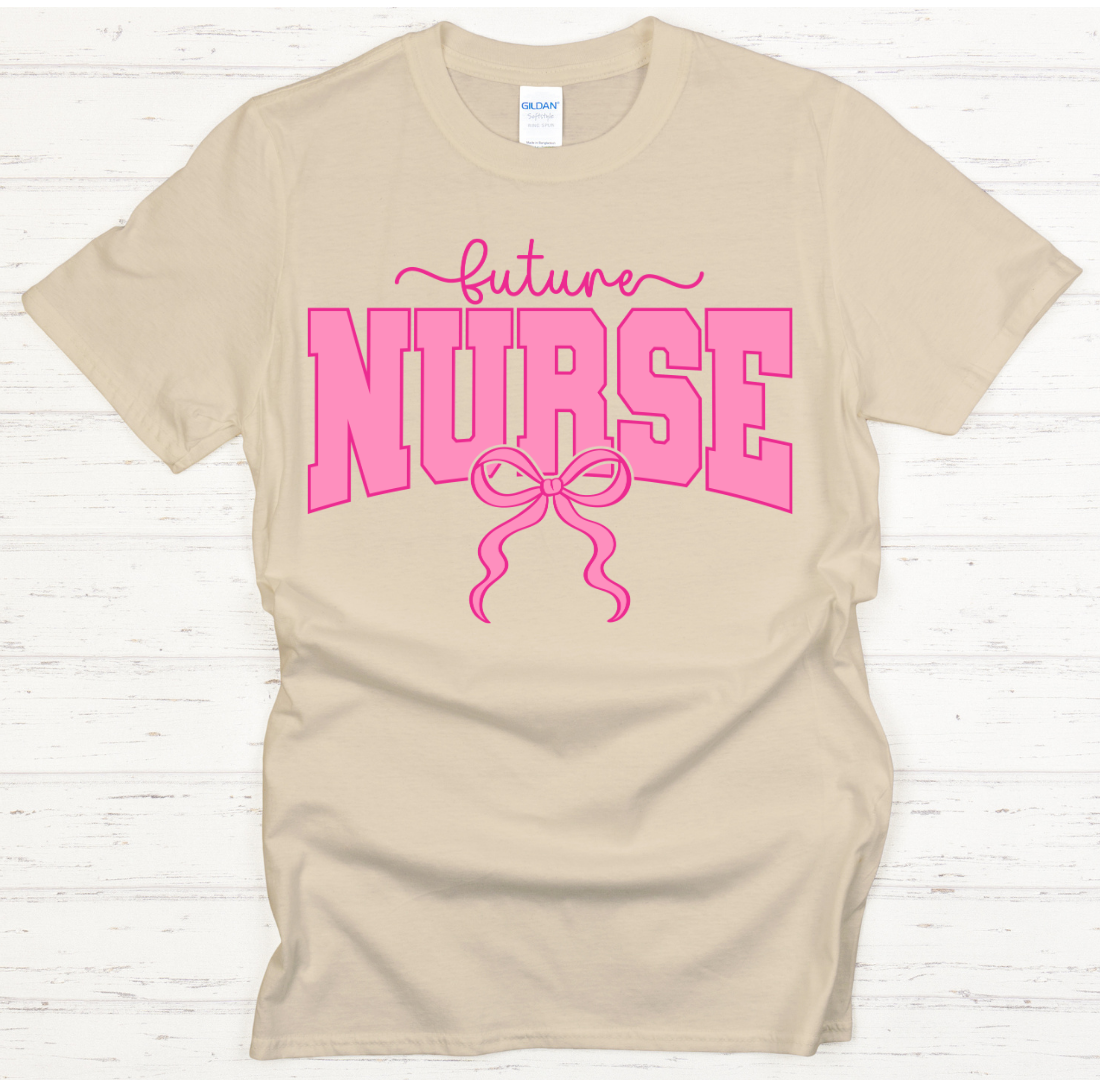 Future Nurse Pink Bow Graphic Shirt on Gildan Softstyle Tee