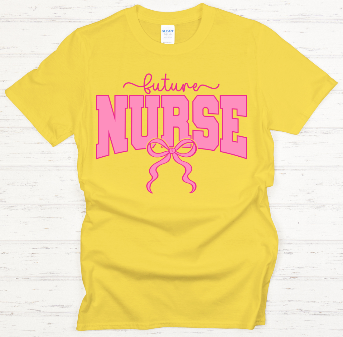 Future Nurse Pink Bow Graphic Shirt on Gildan Softstyle Tee