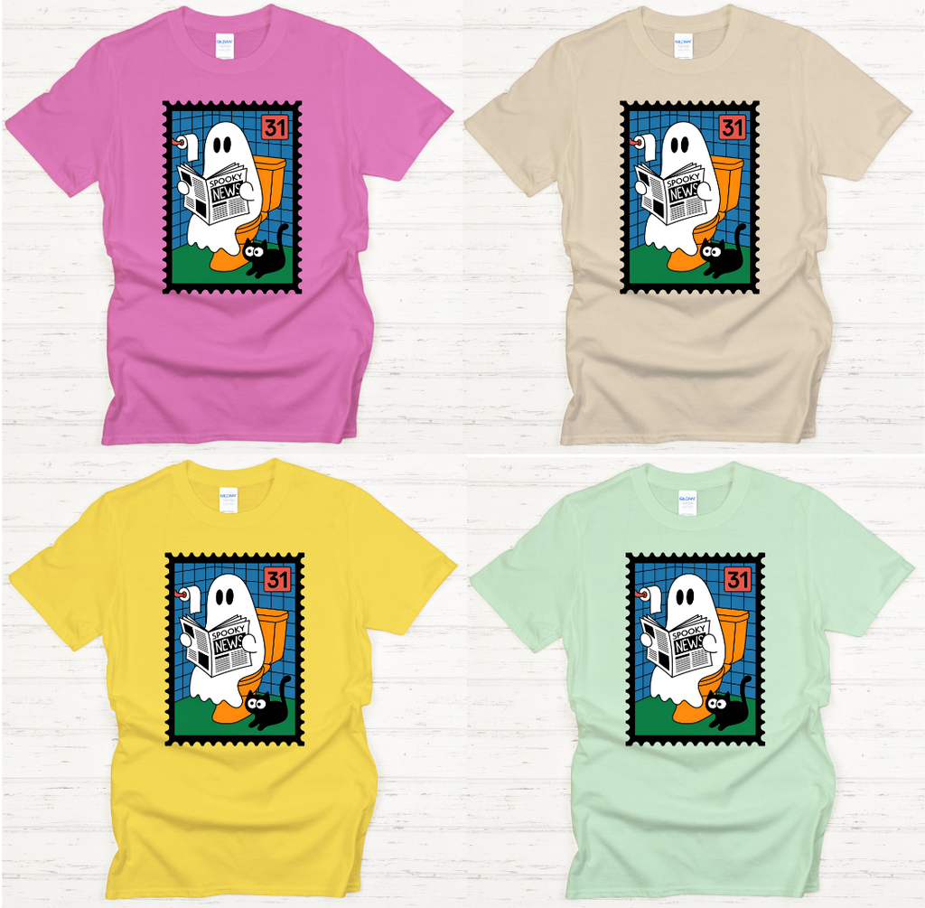 Ghost Reading Spooky News Halloween Shirt – Cute Vintage Stamp Tee