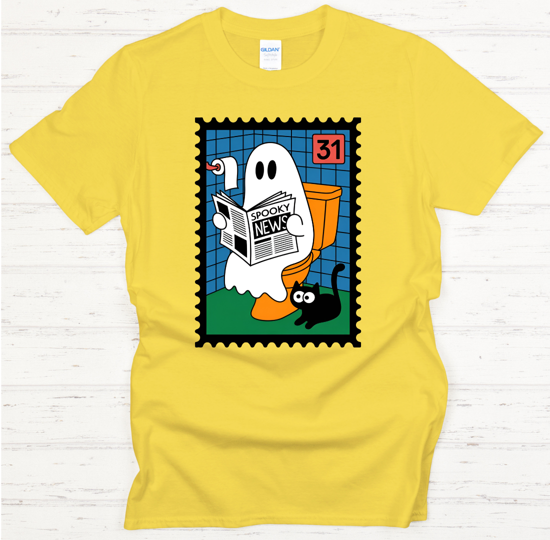 Ghost Reading Spooky News Halloween Shirt – Cute Vintage Stamp Tee
